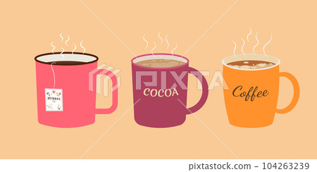 Coffee, tea, cacao. Set of cup. Collection of homemade mugs for hot drinks 104263239