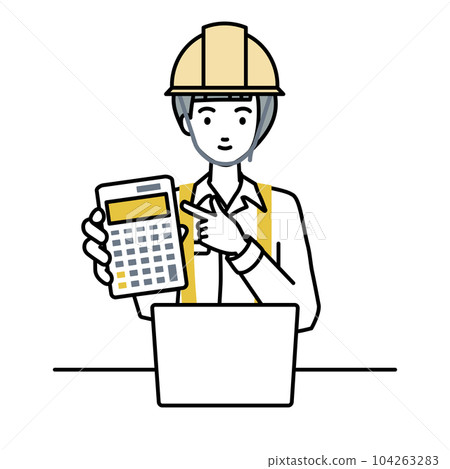 建築工地的一位女士坐在她的辦公桌前，打開她的筆記本電腦，指著一個計算器，並向我們展示 104263283