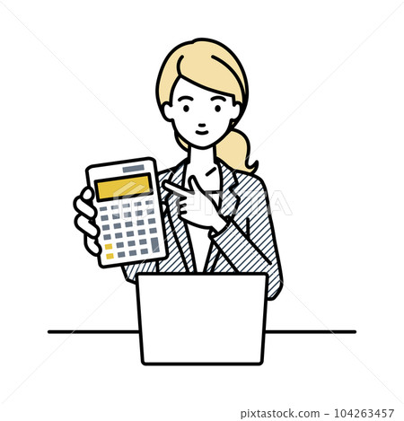 A woman in a suit sitting at her desk, opening her laptop, pointing at a calculator, and showing it to us 104263457