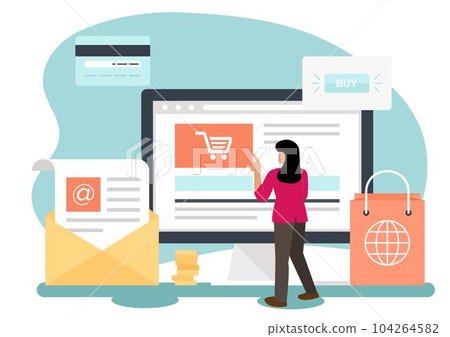 Online shopping girl. Business cartoon concept. Vector creative color illustrations flat design in flat modern style. Online shopping girl. Business cartoon concept. Vector creative color illustrations flat design in flat modern style. 104264582