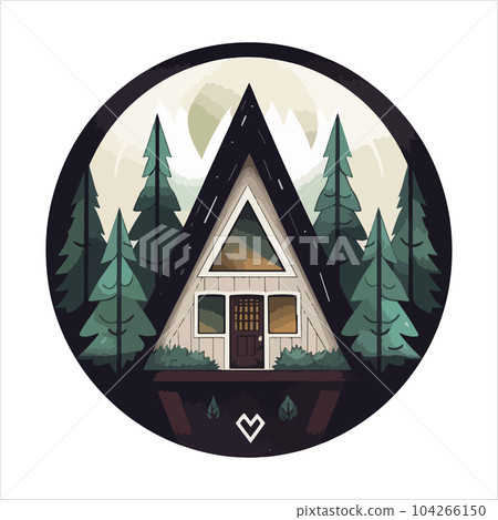 Wood cabin logo template. Cabin in the woods vector illustration. Cabin rentals logo. Chalet in the forest sticker 104266150