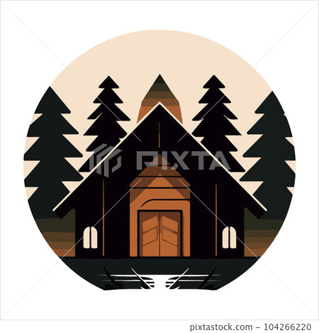 Wood cabin logo template. Cabin in the woods vector illustration. Cabin rentals logo. Chalet in the forest sticker Wood cabin logo template. Cabin in the woods vector illustration. Cabin rentals logo. Chalet in the forest sticker 104266220
