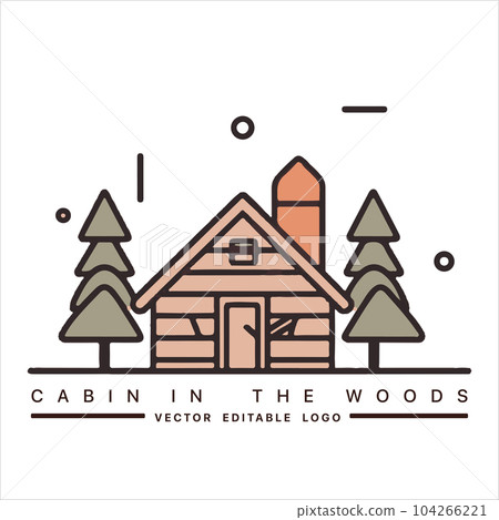 Wood cabin logo template. Cabin in the woods vector illustration. Cabin rentals logo. Chalet in the forest sticker Wood cabin logo template. Cabin in the woods vector illustration. Cabin rentals logo. Chalet in the forest sticker 104266221