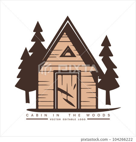 Wood cabin logo template. Cabin in the woods vector illustration. Cabin rentals logo. Chalet in the forest sticker Wood cabin logo template. Cabin in the woods vector illustration. Cabin rentals logo. Chalet in the forest sticker 104266222