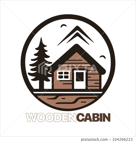 Wood cabin logo template. Cabin in the woods vector illustration. Cabin rentals logo. Chalet in the forest sticker Wood cabin logo template. Cabin in the woods vector illustration. Cabin rentals logo. Chalet in the forest sticker 104266223