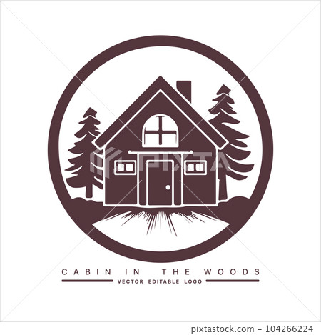 Wood cabin logo template. Cabin in the woods vector illustration. Cabin rentals logo. Chalet in the forest sticker Wood cabin logo template. Cabin in the woods vector illustration. Cabin rentals logo. Chalet in the forest sticker 104266224