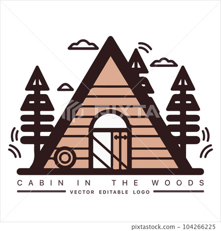 Wood cabin logo template. Cabin in the woods vector illustration. Cabin rentals logo. Chalet in the forest sticker Wood cabin logo template. Cabin in the woods vector illustration. Cabin rentals logo. Chalet in the forest sticker 104266225