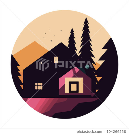 Wood cabin logo template. Cabin in the woods vector illustration. Cabin rentals logo. Chalet in the forest sticker 104266238