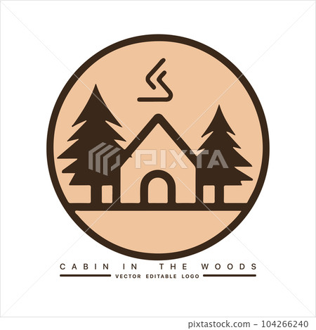 Wood cabin logo template. Cabin in the woods vector illustration. Cabin rentals logo. Chalet in the forest sticker Wood cabin logo template. Cabin in the woods vector illustration. Cabin rentals logo. Chalet in the forest sticker 104266240