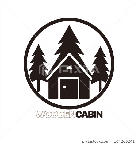 Wood cabin logo template. Cabin in the woods vector illustration. Cabin rentals logo. Chalet in the forest sticker Wood cabin logo template. Cabin in the woods vector illustration. Cabin rentals logo. Chalet in the forest sticker 104266241
