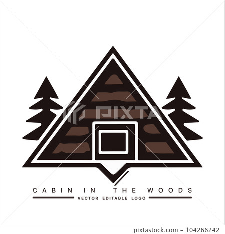Wood cabin logo template. Cabin in the woods vector illustration. Cabin rentals logo. Chalet in the forest sticker Wood cabin logo template. Cabin in the woods vector illustration. Cabin rentals logo. Chalet in the forest sticker 104266242