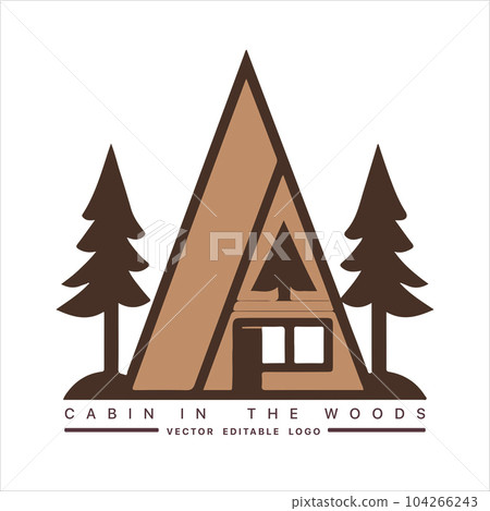 Wood cabin logo template. Cabin in the woods vector illustration. Cabin rentals logo. Chalet in the forest sticker 104266243