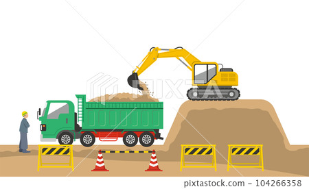 建築工地用挖掘機將土壤裝載到自卸卡車中的示意圖 104266358
