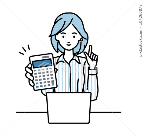 A woman in a shirt sitting at her desk, opening her laptop, holding a calculator, and showing it to me A woman in a shirt sitting at her desk, opening her laptop, holding a calculator, and showing it to me 104266878
