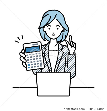 A woman in a suit sitting at her desk, opening her laptop, holding a calculator, and showing it to me 104266884
