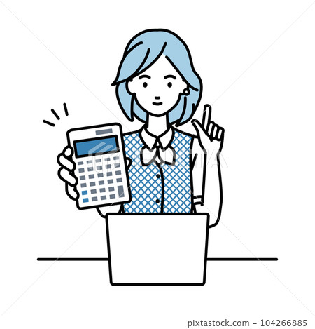 A woman in a clerk uniform sitting at her desk, opening her laptop, holding a calculator, and showing it to me 104266885