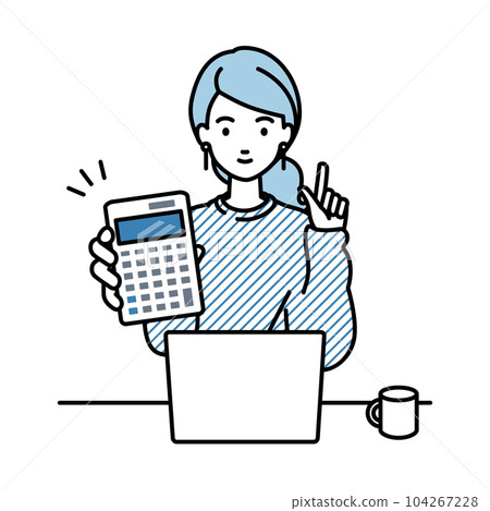 A woman in a sweatshirt sitting at her desk, opening her laptop, holding a calculator, and showing it to me A woman in a sweatshirt sitting at her desk, opening her laptop, holding a calculator, and showing it to me 104267228