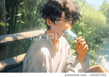 Young man eating ice cream on a hot summer day Young man eating ice cream on a hot summer day 104267302