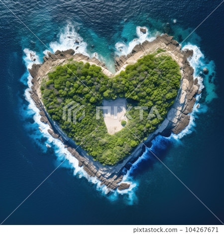 Landscape symbol of romance and love with a heart shaped forest with roks and sea surf seen from the sky Landscape symbol of romance and love with a heart shaped forest with roks and sea surf seen from the sky 104267671