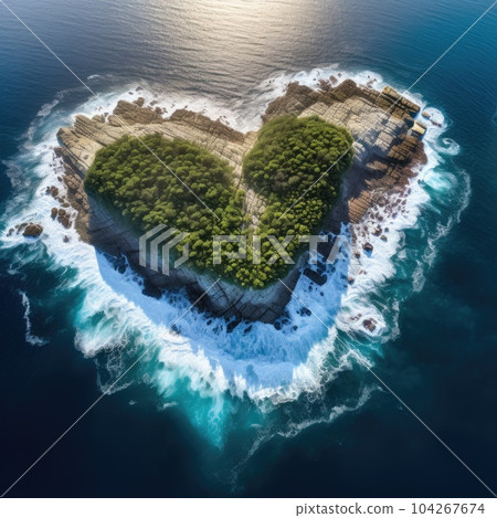 Landscape symbol of romance and love with a heart shaped forest with roks and sea surf seen from the sky Landscape symbol of romance and love with a heart shaped forest with roks and sea surf seen from the sky 104267674