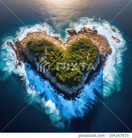 Landscape symbol of romance and love with a heart shaped forest with roks and sea surf seen from the sky 104267675