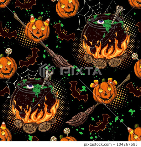 Halloween pattern with cauldron, little pumkins 104267683