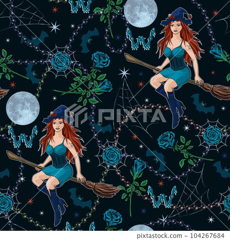 Pattern with witch on broom, halloween symbols 104267684
