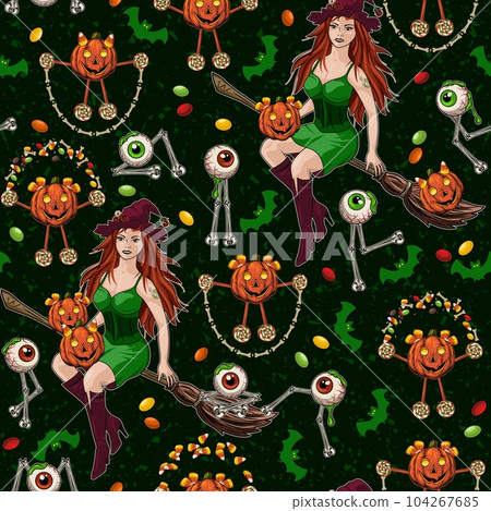 Halloween pattern with pretty witch, kid pumpkins 104267685