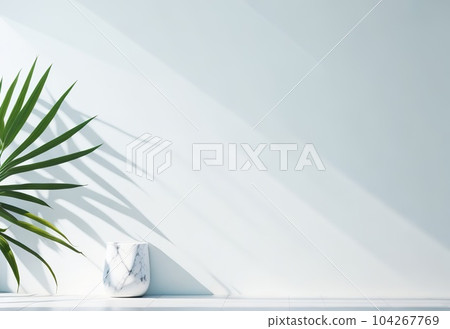 Minimalistic Abstract Light Beige Background for Product Presentation with Intricate Shadows and Natural Wall Vegetation. Generative AI. Minimalistic Abstract Light Beige Background for Product Presentation with Intricate Shadows and Natural Wall Vegetation. Generative AI. 104267769