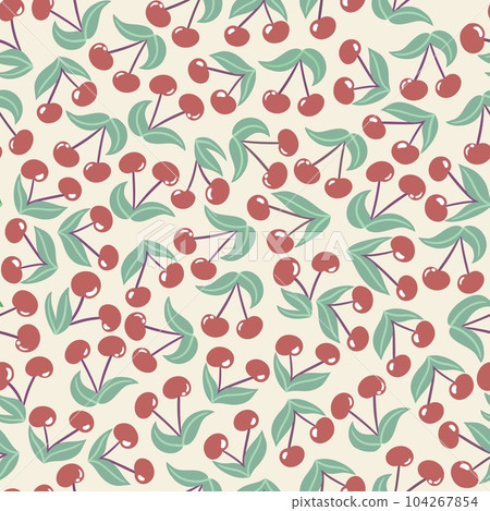 Hand drawn seamless pattern with red cherry berries green leaves on beige background. Retro vintage neutral pastel design for kitchen fabric nursery decor, cherries print cute simple minimalist summer 104267854