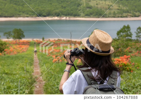 初夏時節，一名女子在野佐里湖畔旅行 104267888