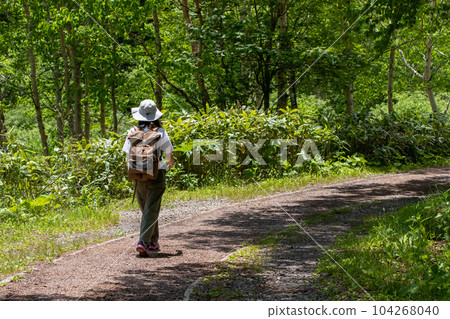 一位女士沿著野佐里湖的海濱長廊散步 104268040