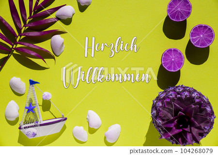 Yellow Flat Lay, Boat, Shells, Purple Pineapple, Willkommen Means Welcome Yellow Flat Lay, Boat, Shells, Purple Pineapple, Willkommen Means Welcome 104268079