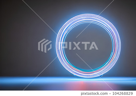 Standing bright center blue circle neon light background and backdrop. 104268829