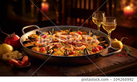 Large skillet with delicious paella on dark background, restaurant concept, healthy food Large skillet with delicious paella on dark background, restaurant concept, healthy food 104268992