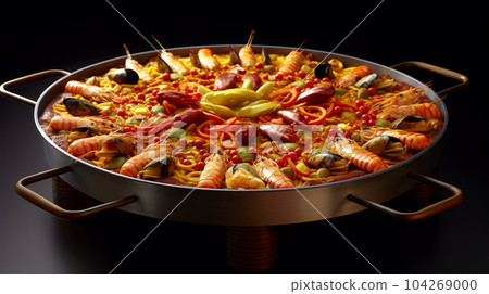 Large skillet with delicious paella on dark background, restaurant concept, healthy food 104269000