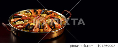 Large skillet with delicious paella on dark background, restaurant concept, healthy food Large skillet with delicious paella on dark background, restaurant concept, healthy food 104269002