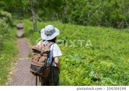Lake Nozori in early summer, lakeside promenade and female hikers 104269199