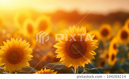 Sunflower field in warm colors at summertime with setting sun background. close-up on one sunflower in summer field landcape.Agricultural background 104269214