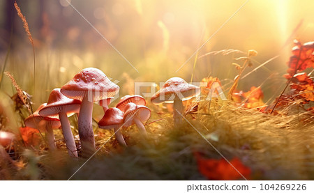 beautiful closeup of forest mushrooms in grass, autumn season. little fresh mushrooms, growing in Autumn Forest. mushrooms and leafs in forest. Mushroom picking concept. Magical colorful yellow fall 104269226