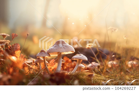 beautiful closeup of forest mushrooms in grass, autumn season. little fresh mushrooms, growing in Autumn Forest. mushrooms and leafs in forest. Mushroom picking concept. Magical colorful yellow fall 104269227