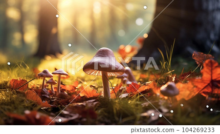 beautiful closeup of forest mushrooms in grass, autumn season. little fresh mushrooms, growing in Autumn Forest. mushrooms and leafs in forest. Mushroom picking concept. Magical colorful yellow fall beautiful closeup of forest mushrooms in grass, autumn season. little fresh mushrooms, growing in Autumn Forest. mushrooms and leafs in forest. Mushroom picking concept. Magical colorful yellow fall 104269233