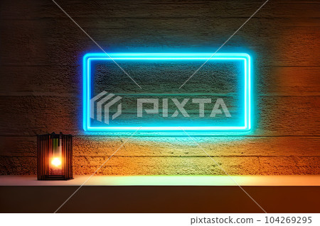Bright blue rectangle neon at the wall backdrop and wood background. Bright blue rectangle neon at the wall backdrop and wood background. 104269295