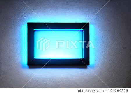 Bright blue rectangle neon frame at the wall backdrop and background. Bright blue rectangle neon frame at the wall backdrop and background. 104269296