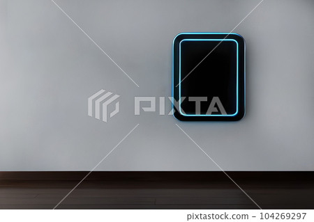 Bright blue rectangle neon futuristic frame at the wall backdrop and background for mockup. Bright blue rectangle neon futuristic frame at the wall backdrop and background for mockup. 104269297