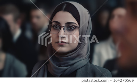 An Arab woman, student with nose piercing and glasses, sitting at lecture in university auditorium against the background of people. Young girl in hijab is getting an education. Photo generated by AI 104270569