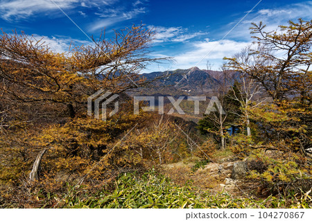 Mt. Nikko-Shirane from the ridge between Oku-Nikko, Mt. Shayama and Mt. Kurohigi in autumn colors Mt. Nikko-Shirane from the ridge between Oku-Nikko, Mt. Shayama and Mt. Kurohigi in autumn colors 104270867