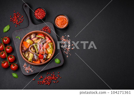 Delicious fresh vegetarian salad with tomatoes, green beans, eggplant and pepper Delicious fresh vegetarian salad with tomatoes, green beans, eggplant and pepper 104271361