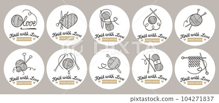 Set of stickers Knitting. knitting needles with skeins of yarn and lettering Knit with love. Hobby icons, logo, vector Set of stickers Knitting. knitting needles with skeins of yarn and lettering Knit with love. Hobby icons, logo, vector 104271837