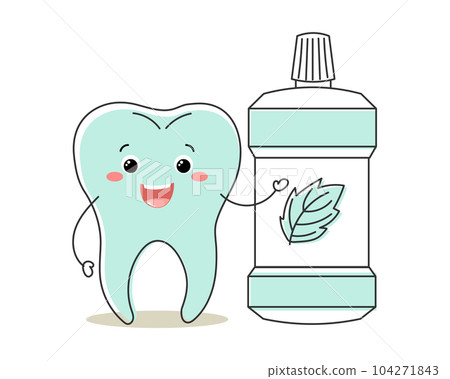 Healthy tooth kawaii character with tooth rinse, cute cartoon character. Dental care. Illustration, icon, vector Healthy tooth kawaii character with tooth rinse, cute cartoon character. Dental care. Illustration, icon, vector 104271843